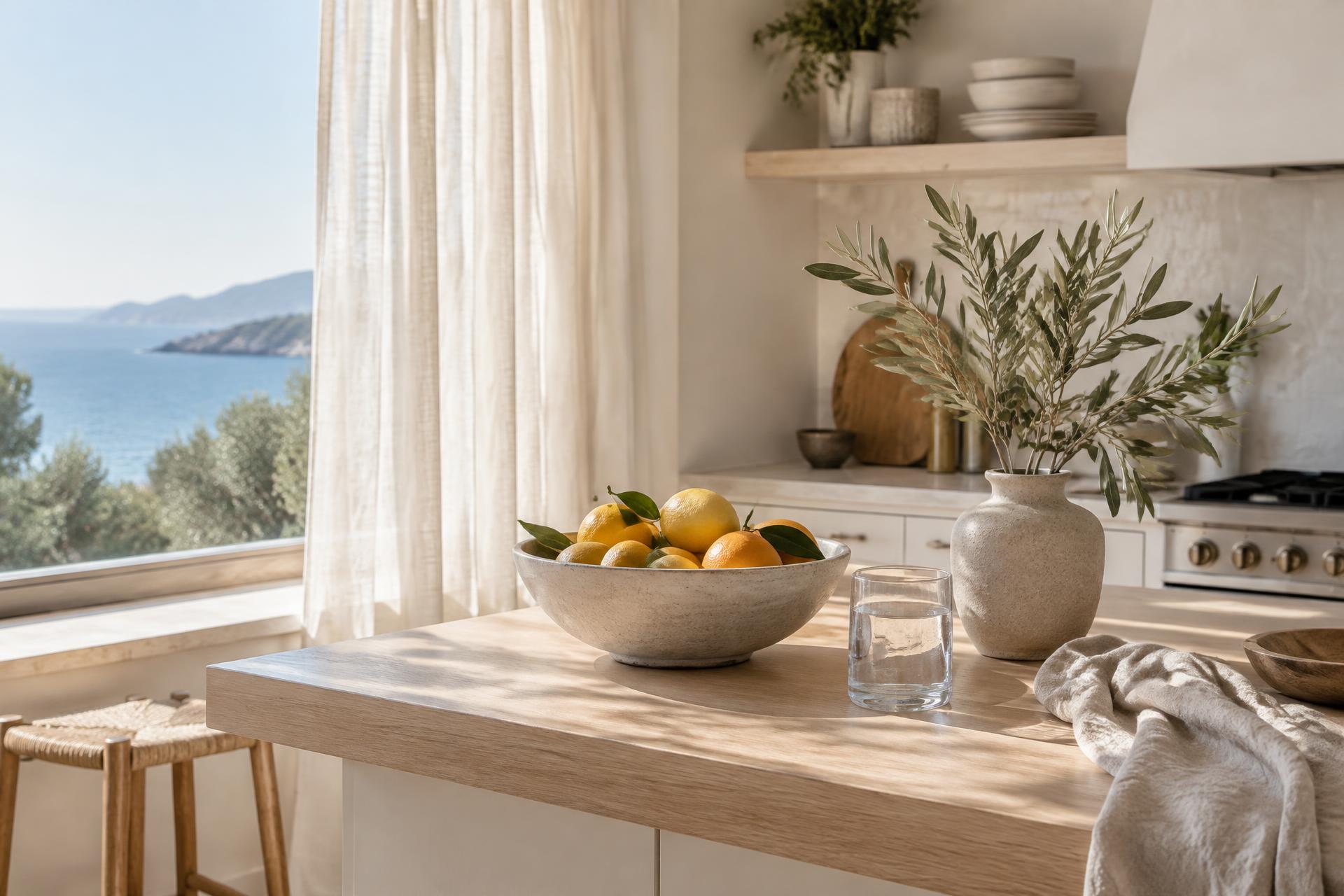 Sunlit coastal kitchen with fresh citrus, water and olive branches by an open window